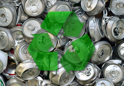 A close-up image showing a pile of discarded aluminum beverage cans with pull-tabs, stacked in a haphazard manner. The cans are mainly silver in colour, exhibiting a smooth, metallic finish, with some showing slight dents and scratches from use. The tops of the cans are visible, with the pull-tabs closed, and some cans are partially overlapping others. The background appears to be a mixture of more cans, creating a textured, densely packed surface. A green recycling symbol overlay is superimposed across the centre, indicating the importance of aluminium recycling. The environment suggests a collection point or waste area for recyclable materials, relevant to rubbish removal services operating in Morden and surrounding areas. The lighting is diffuse, providing consistent illumination without harsh shadows, emphasizing the shiny, reflective surfaces of the cans. This image visually supports the need for proper rubbish and recycling disposal managed by companies such as Garden Clearance Morden, focusing on aluminium waste collection and eco-friendly waste management practices.